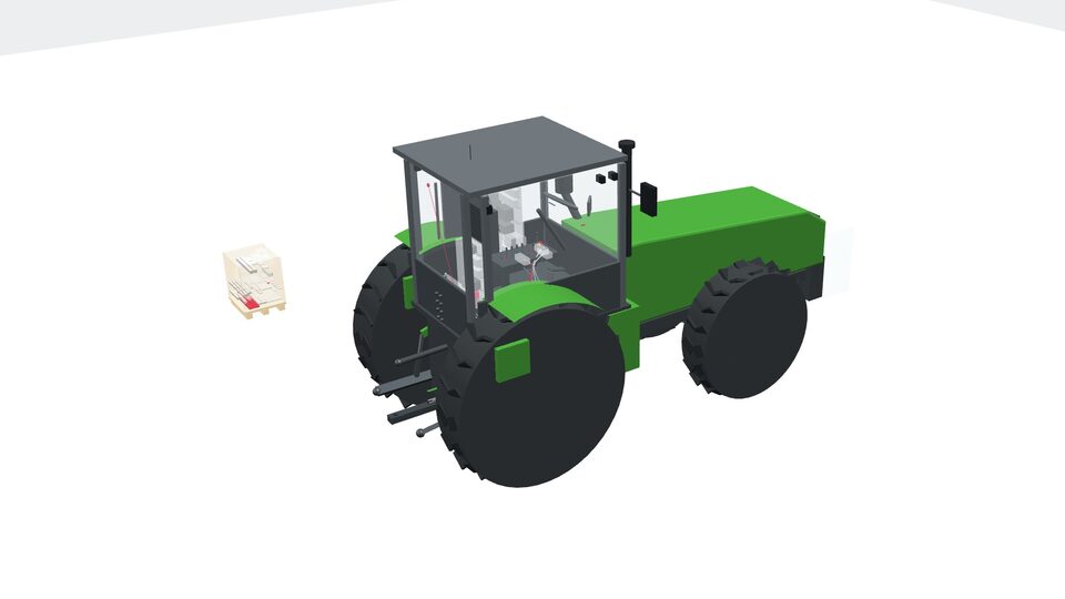 A John Deere 7920 tractor in the engineering model, in isometric view, the unit's actuators visible through the cab glass and a crate of kit parts on a pallet beside it