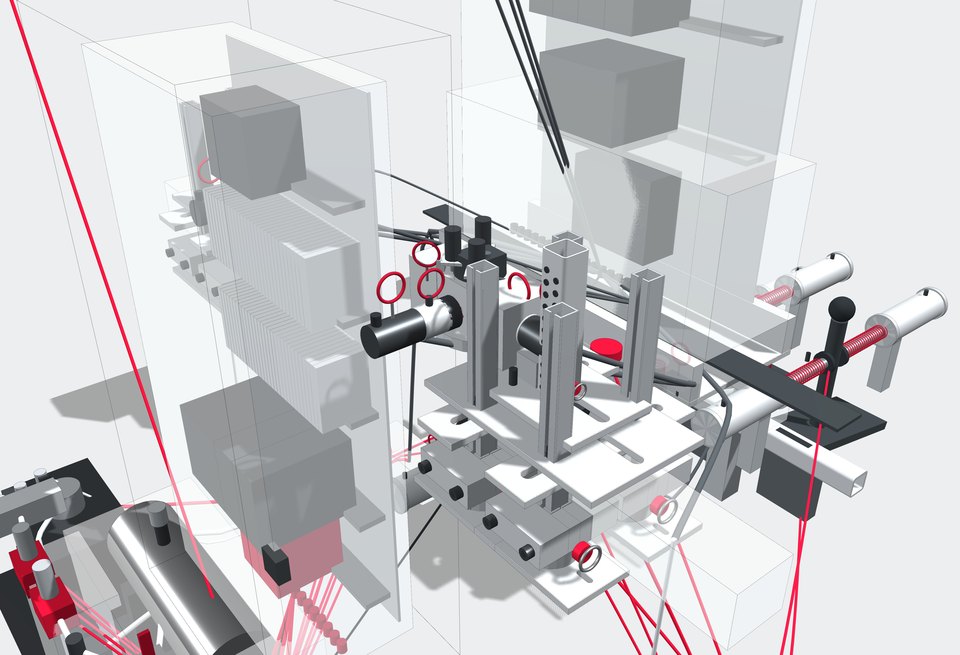 Cutaway render of the left joystick pod: grey mounting frames, white actuators with red coil springs, and small red release rings through the assembly