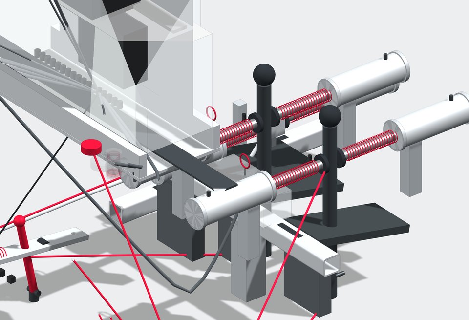 Render of the pedal pod: two actuators with red coil springs, black posts on ball ends and an angled plate that presses the machine's own pedal
