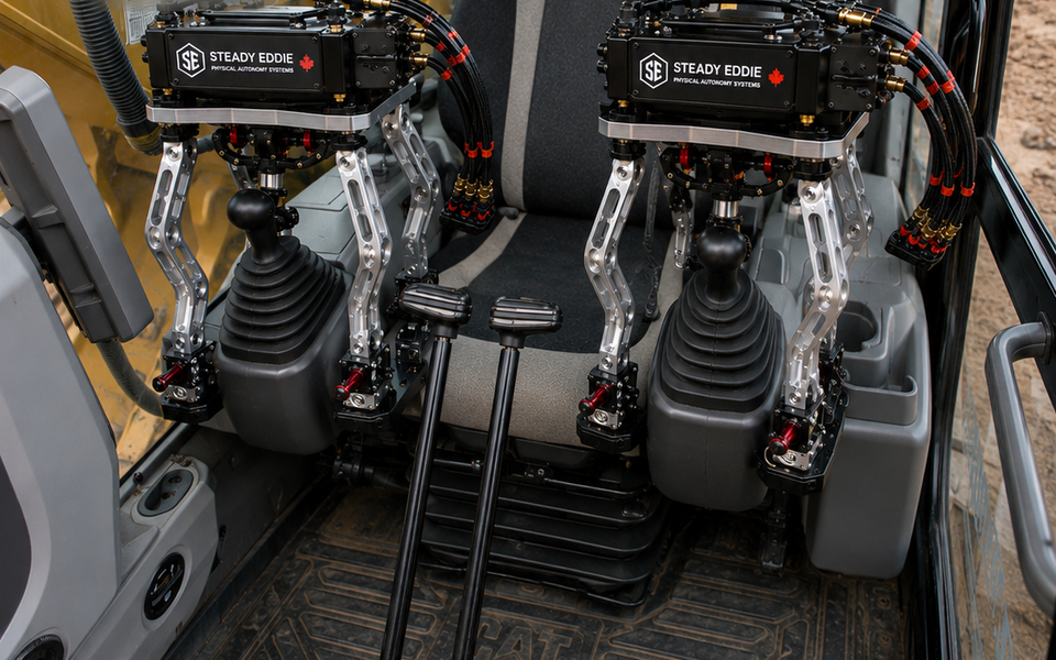 Steady Eddie units on an excavator's joysticks, from the engineering render