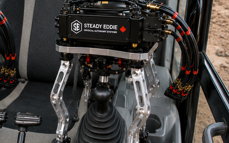 A Steady Eddie unit on an excavator's joystick, close